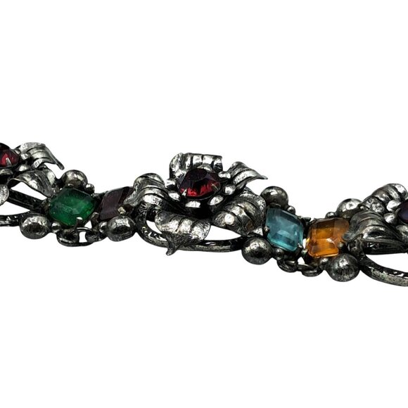 VIntage Rhinestone Bracelet Multicolored Stones Floral Links Flower Costume Jewe - Picture 6 of 13